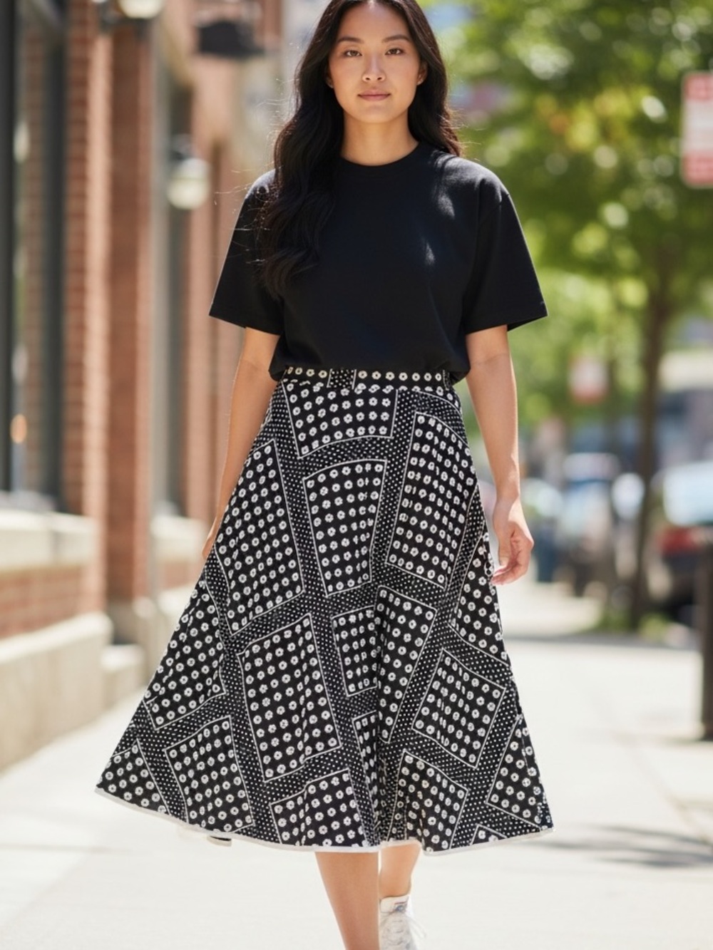 Black and White Midi Skirt with Geometric Dot Print & pockets 100% Cotton